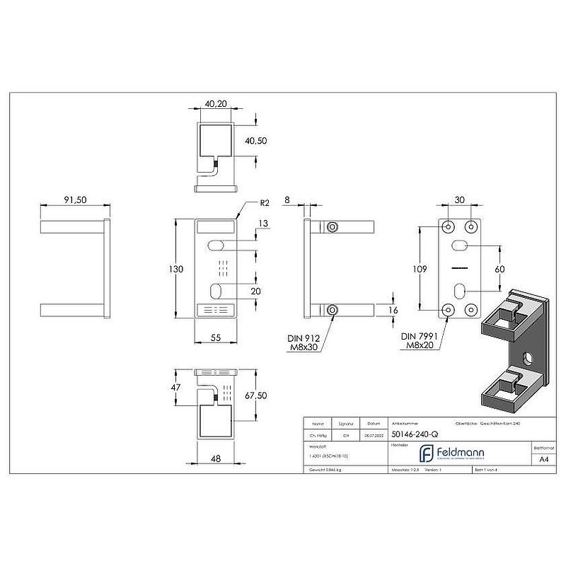 Wandbefestigung für Pfosten 40x40mm, V2A