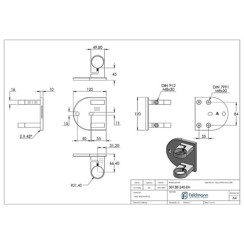 Endhalter für Geländerpfosten 42,4mm, V2A