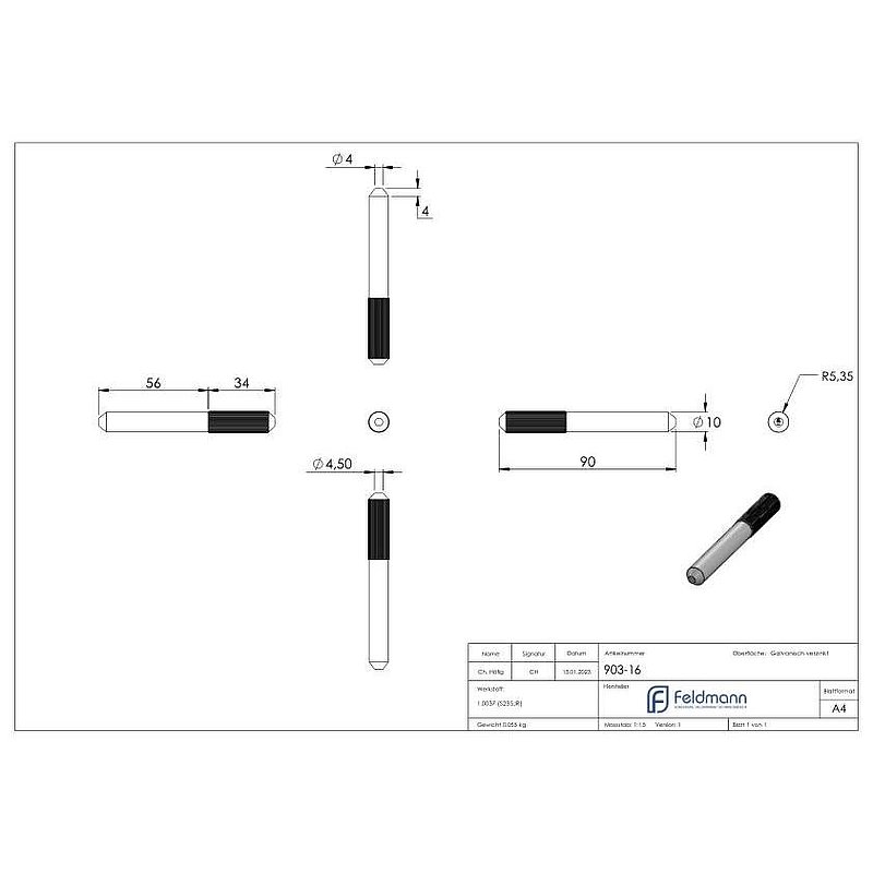 Verbindungsstift für Laufschiene mit Ø 16mm