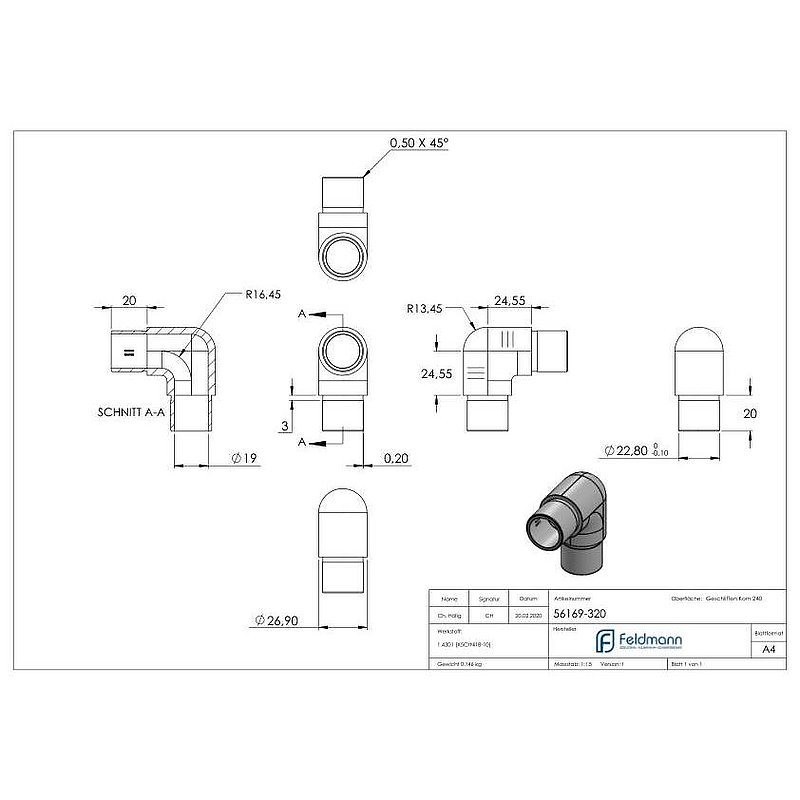 Rohrbogen 90° eng, für Rohr 26,9x2,0mm, V2A