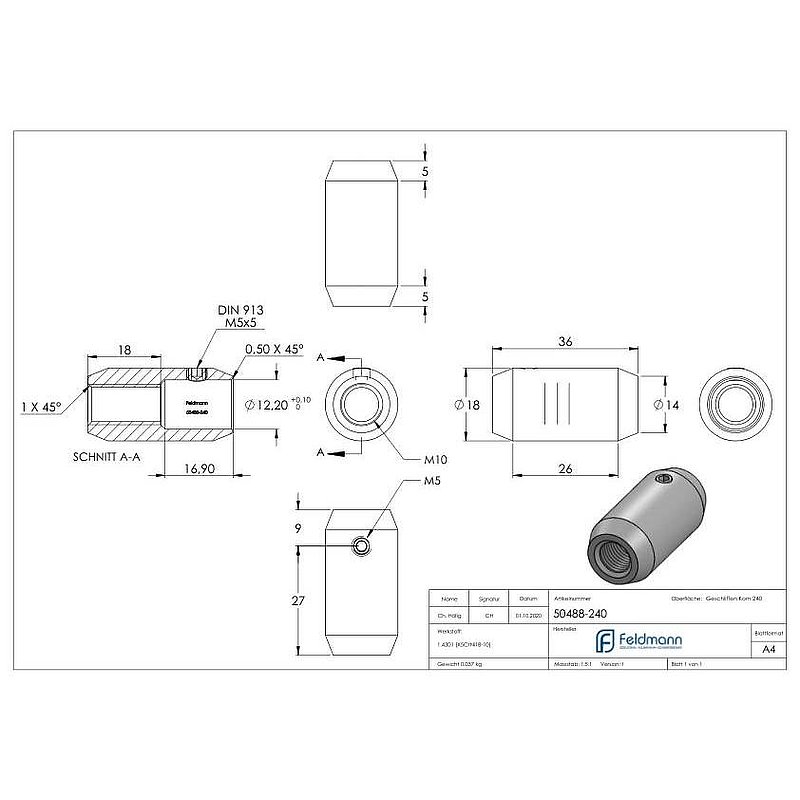 Stabverbinder  Ø18mm mit Gewinde M10 und Bohrung 12mm, V2A