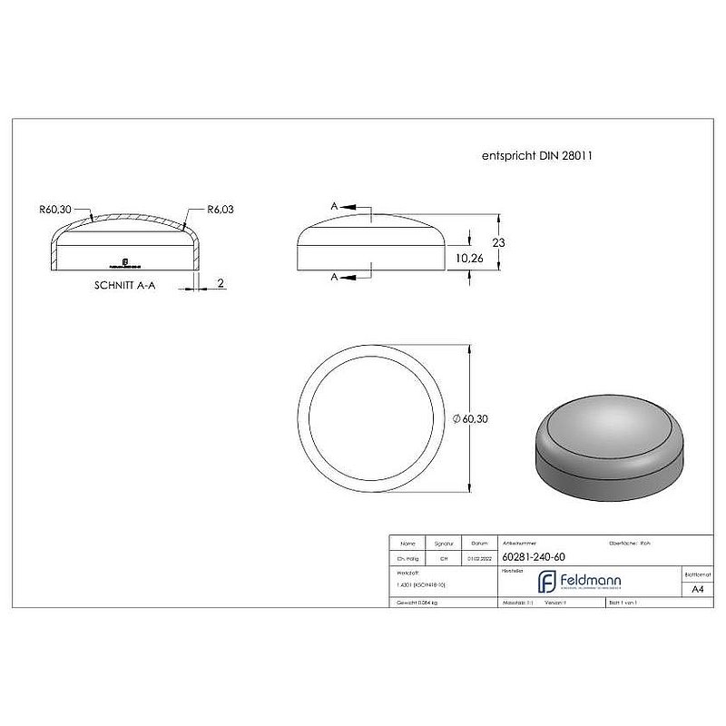 Curved base 60,3x2,0mm, DIN 28011, AISI304