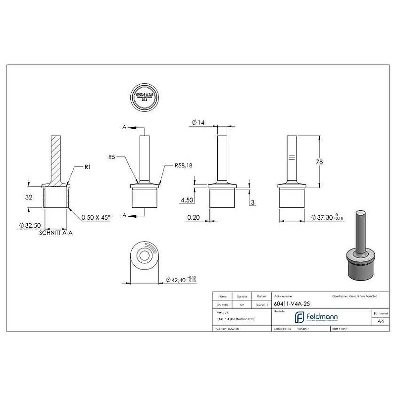 Tube end plug with pin for tube 42.4x2.5mm, AISI316