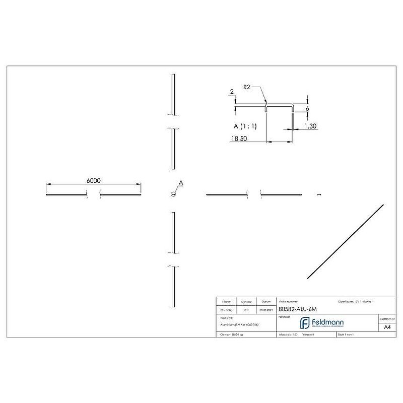 Kantenschutz EXTRA SLIM, für Glas 16,00 - 17,52mm, L: 6000mm, Aluminium E4/EV1