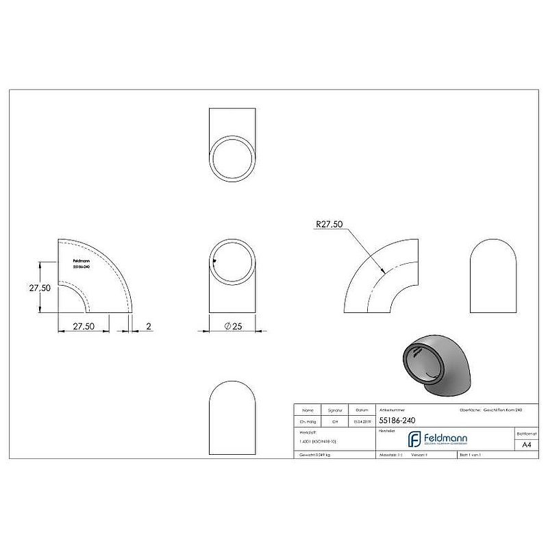 Schweißbogen 90°, 25,0x2,0mm, V2A