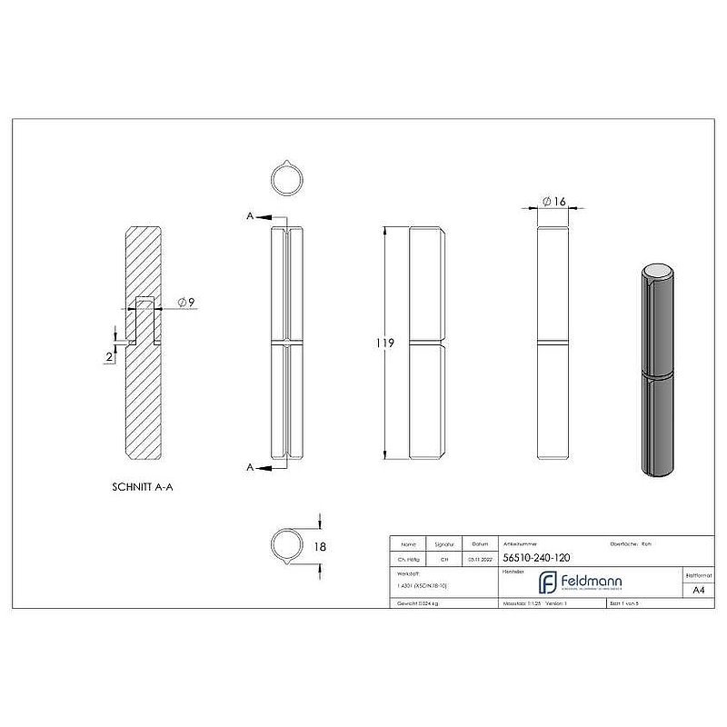 Anschweißband, L: 120mm, mit festem Stift, V2A