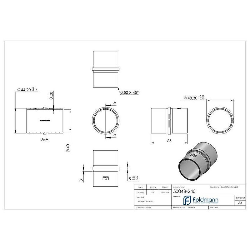 Verbindungsstück für Rohr 48,3x2,0mm, V2A