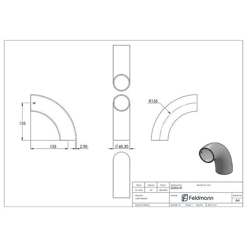 Schweißbogen 90°, 60,3 x 2,9mm, Bauart 5