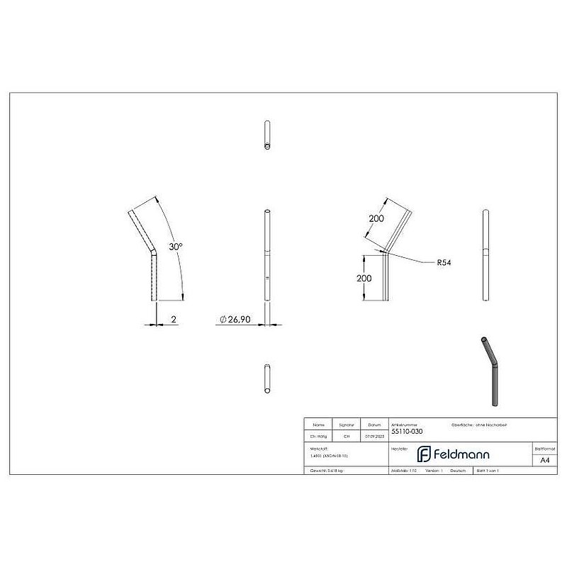 Rohrbogen 30°, aus Rohr 26,9x2,0mm, V2A
