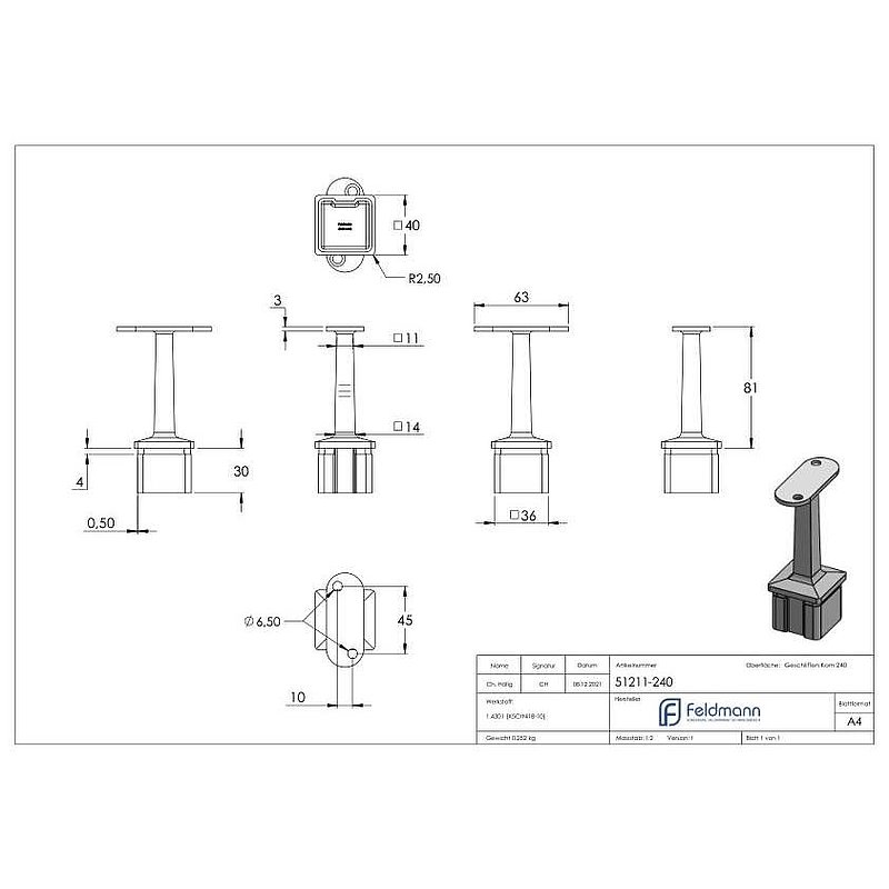 Bouchon pour extrémité de tube avec tige + plaque de racc., pour tube 40x40x2mm V2A
