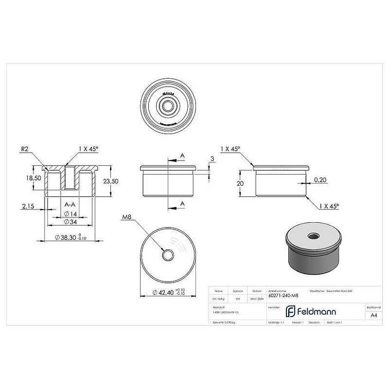 Rohrabschlussstopfen zum Kleben mit M8 für 42,4x2,0mm, V2A