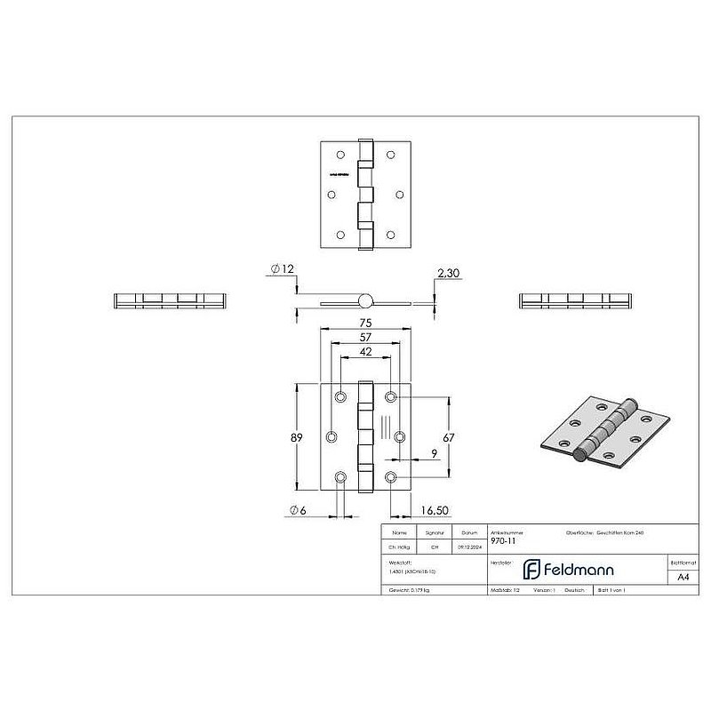 Edelstahl-Scharnier 89x76mm mit festem Zapfen