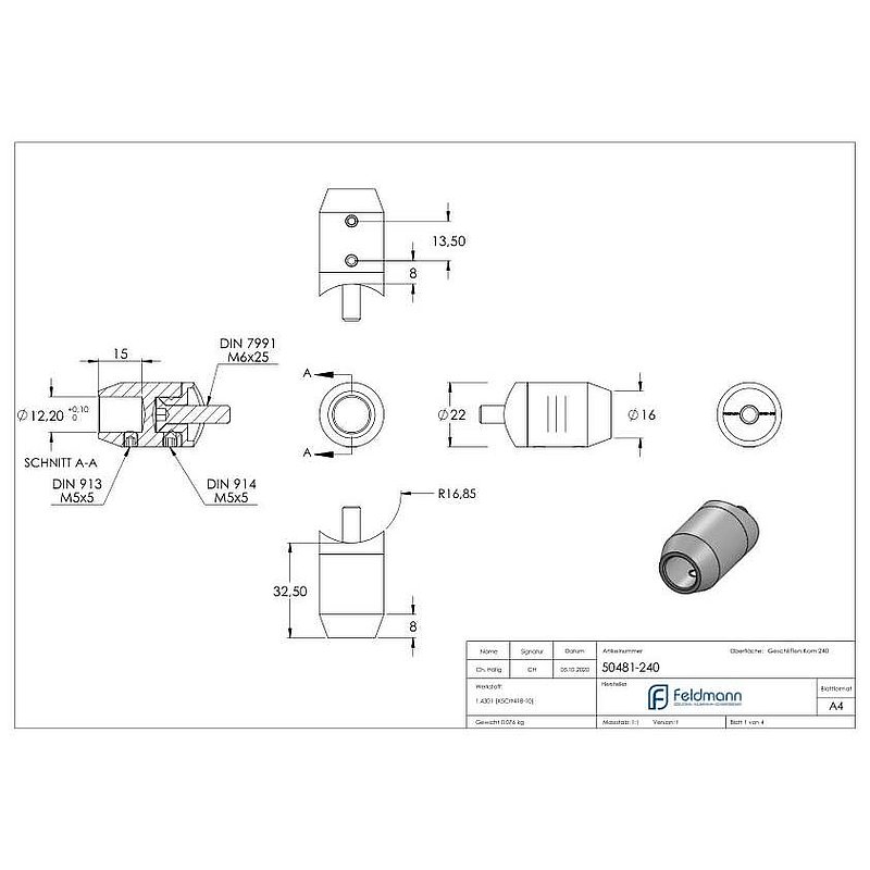 Support de lisse transversale (à insérer en extr. de fer) pour tube 33,7mm, trou borgne 12,2mm, V2A