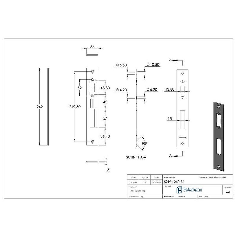 Edelstahlschließblech 242x36x3,0mm, für Abstand 92mm, V2A (1.4301)