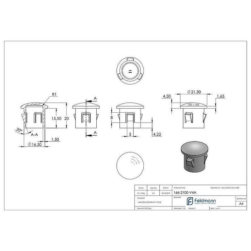 Rohrabschlussstopfen, für Rohr 21,3x1,6 - 2,0mm, V4A