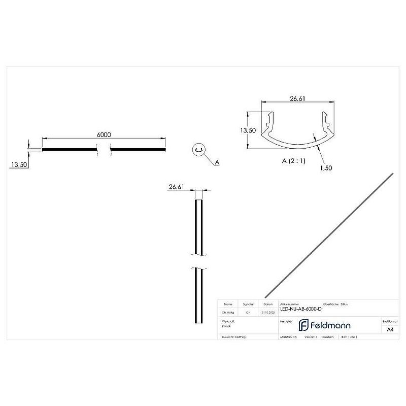 LED-Nutrohr LUNORA®, Kunststoffabdeckung diffus für Rund-Nutrohr 42,4mm, PMMA, L: 6000mm