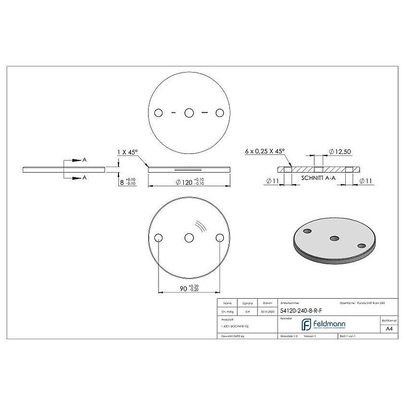 Anchor plate Ø 120x8mm, with bevelled edge and chamfer, AISI304
