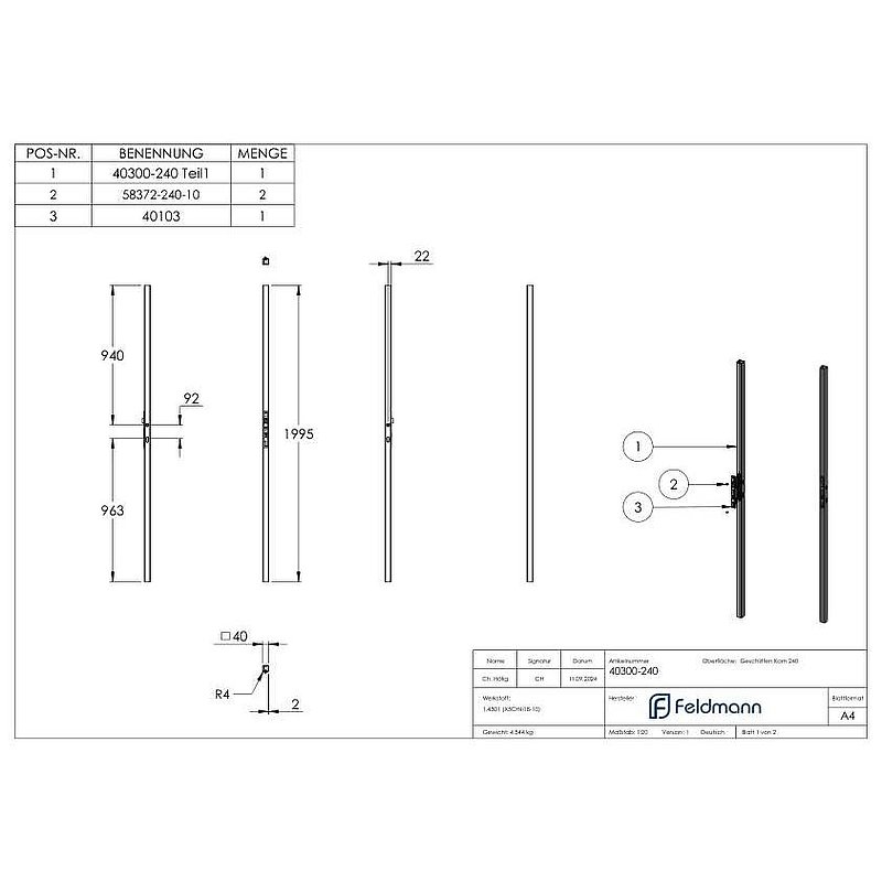 Schlossrohr inkl. Schloss mit Abstand 92 mm, 40x40x2,0 glatt, 2000mm, V2A