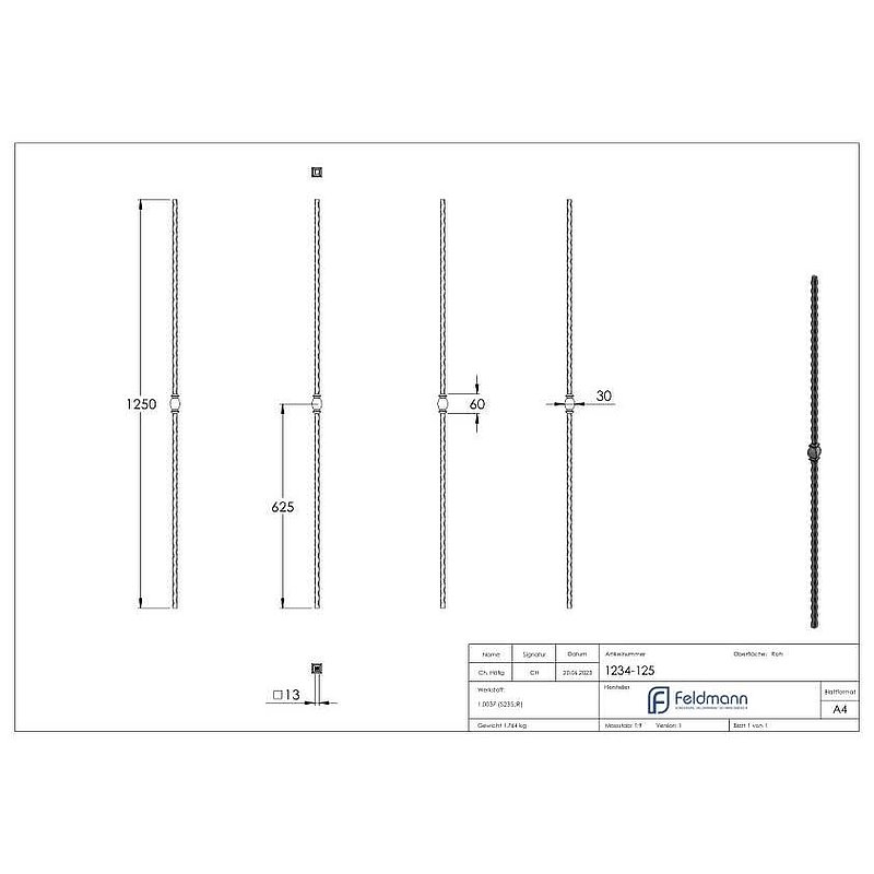 Knubbelstab 13x13mm, gehämmert, H: 1250mm