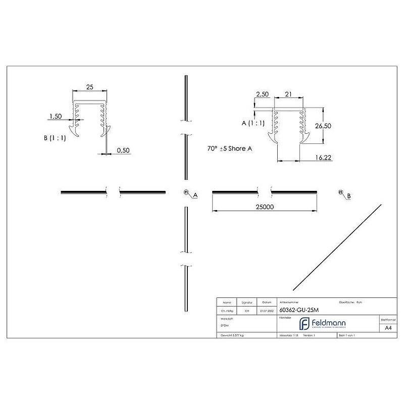 Keildichtung Glas 16,76 – 17,52mm, für Nut 24x24mm, 25m, EPDM