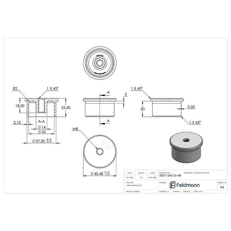 Rohrabschlussstopfen zum Kleben mit M8 für 42,4x2,5mm, V2A