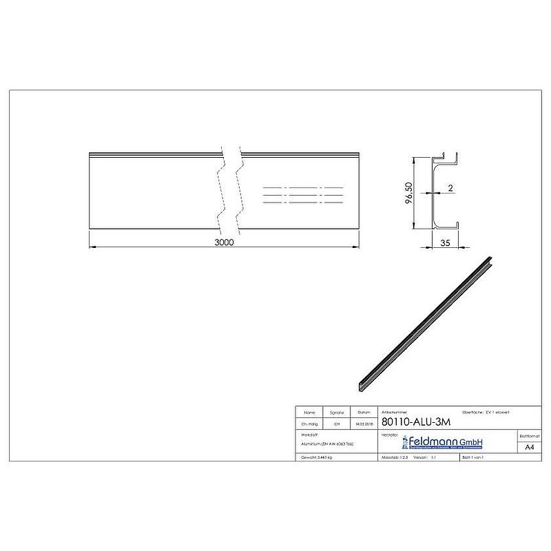 Cover for aluminium profile 80100-ALU-3M, L: 3000mm