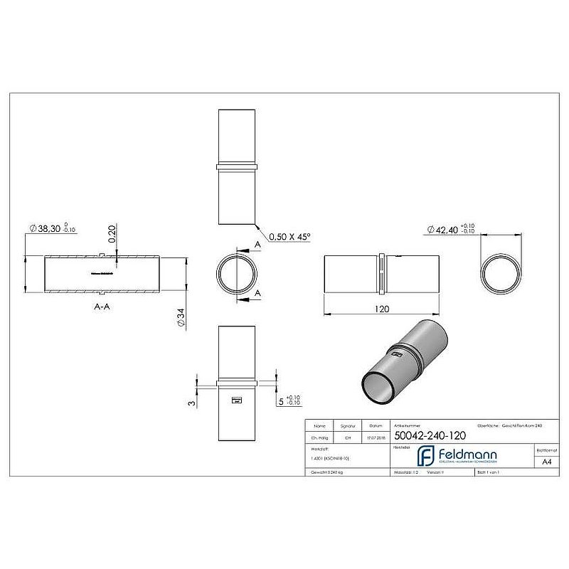 Verbindungsstück für Rohr 42,4x2,0mm, V2A