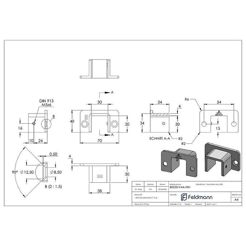Wandhalterung für Edelstahl-U-Profil 80530-XXX, V4A