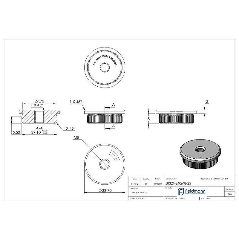 Bouchon pour extrémité de tube, pour tube 33,7x2,5mm, V2A