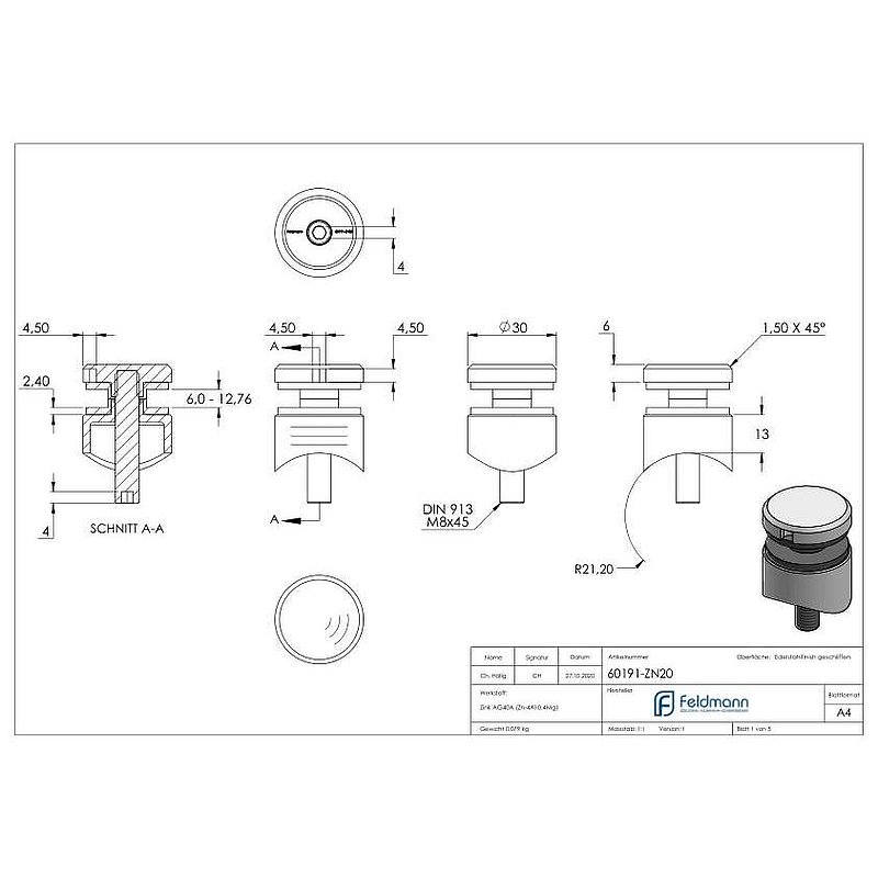 Point de fixation 30mm, jonction: 42,4mm, aspect inox brossé