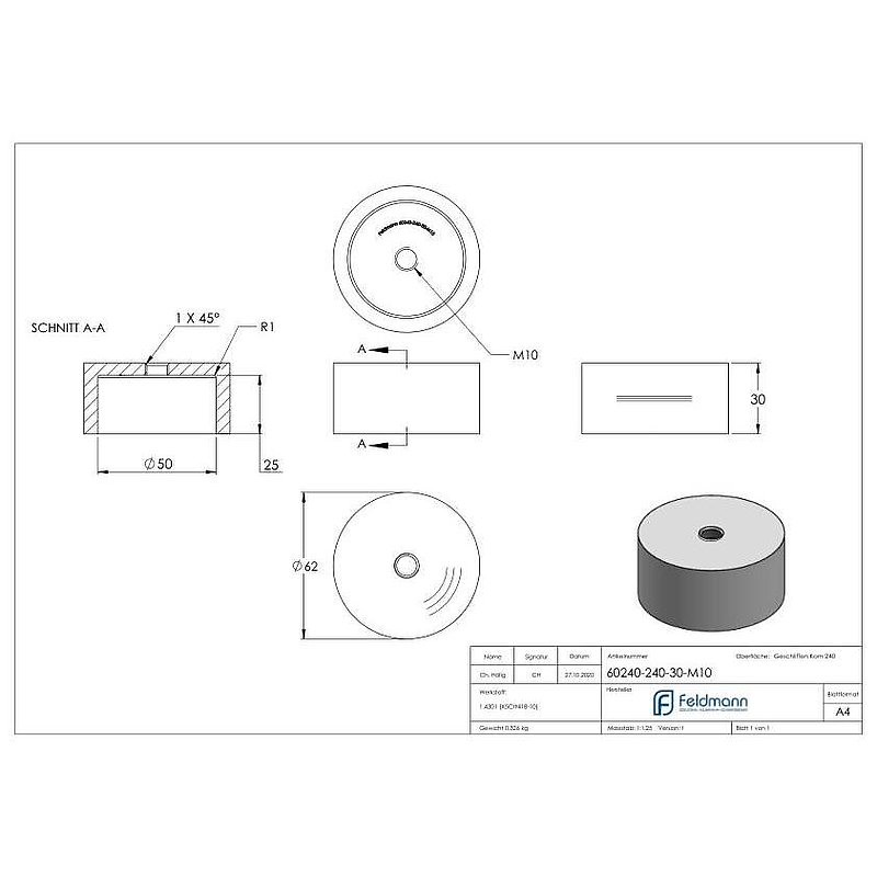 Partie inférieure pour point de fixation 62mm, ép.: 30mm, avec M10, V2A