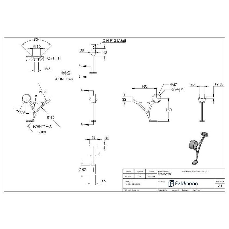 Footrail support, for 48.3 mm tube, AISI304