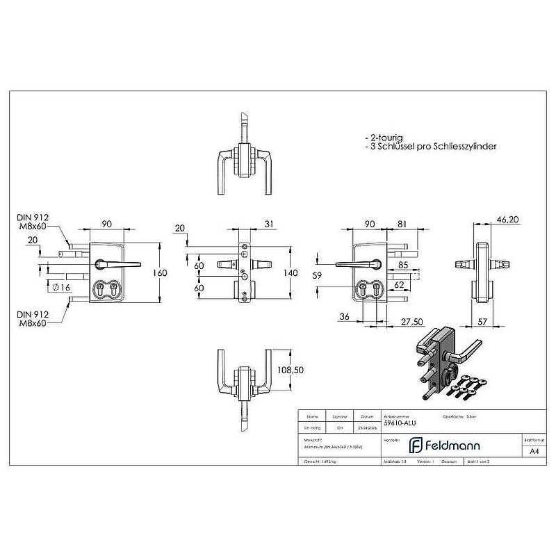 Serrure à double cylindre LDKZD1 pour profilés 60x60 mm, couleur argent