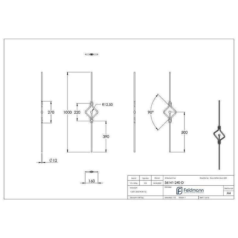 Zierstab aus Ø 12mm, doppelt, H: 1000mm, V2A