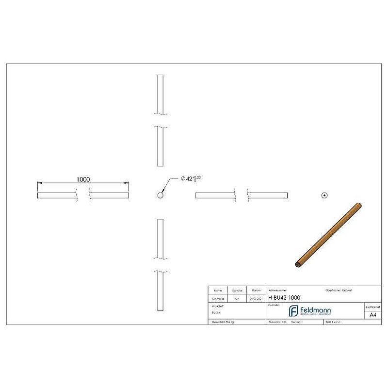 Holzhandlauf Buche, Ø42,4mm, L: 1000mm