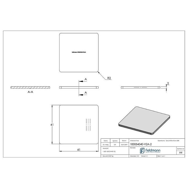 Weld-on plate for tube 40x40, AISI304