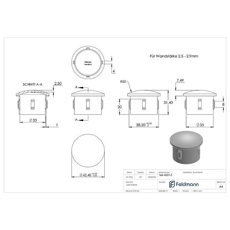 Bouchon en acier, pour tube 42,4mm, galvanisé