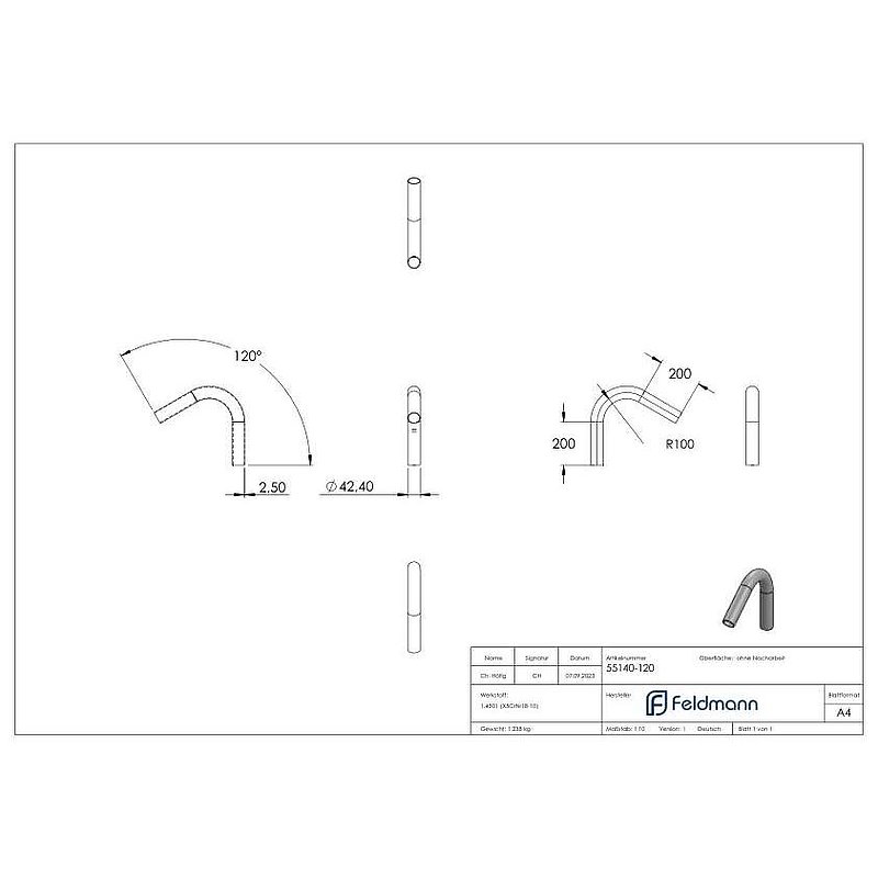 Rohrbogen 120°, aus Rohr 42,4x2,5mm, V2A