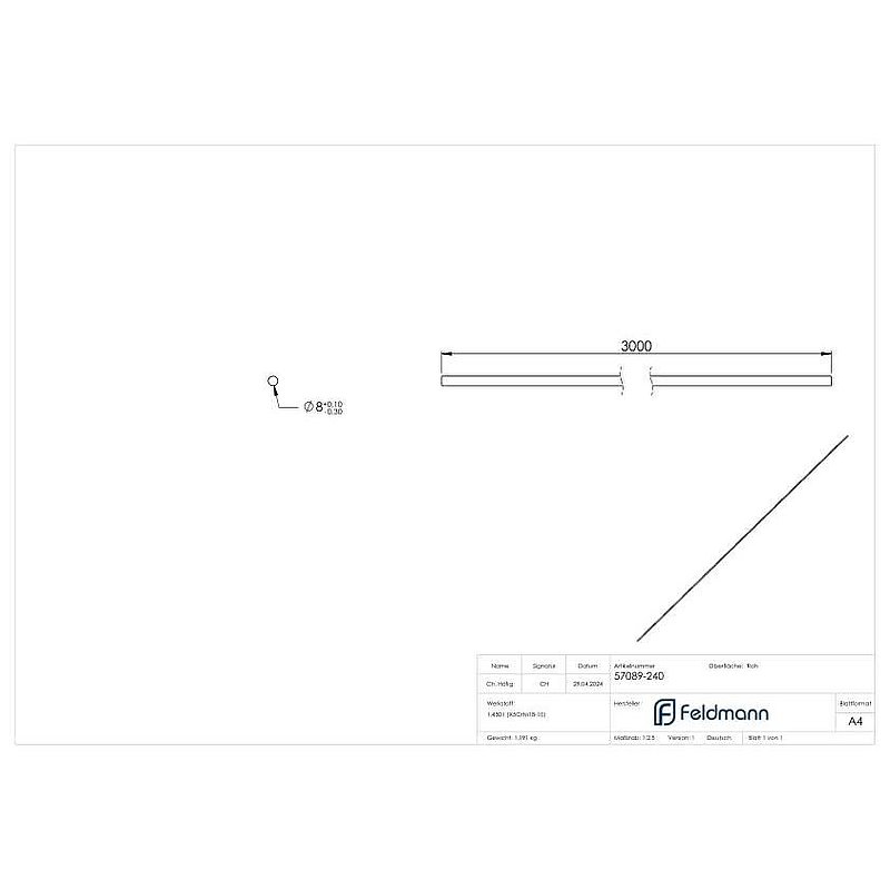 Round material, 8mm, unpolished, L: 3000mm, AISI304