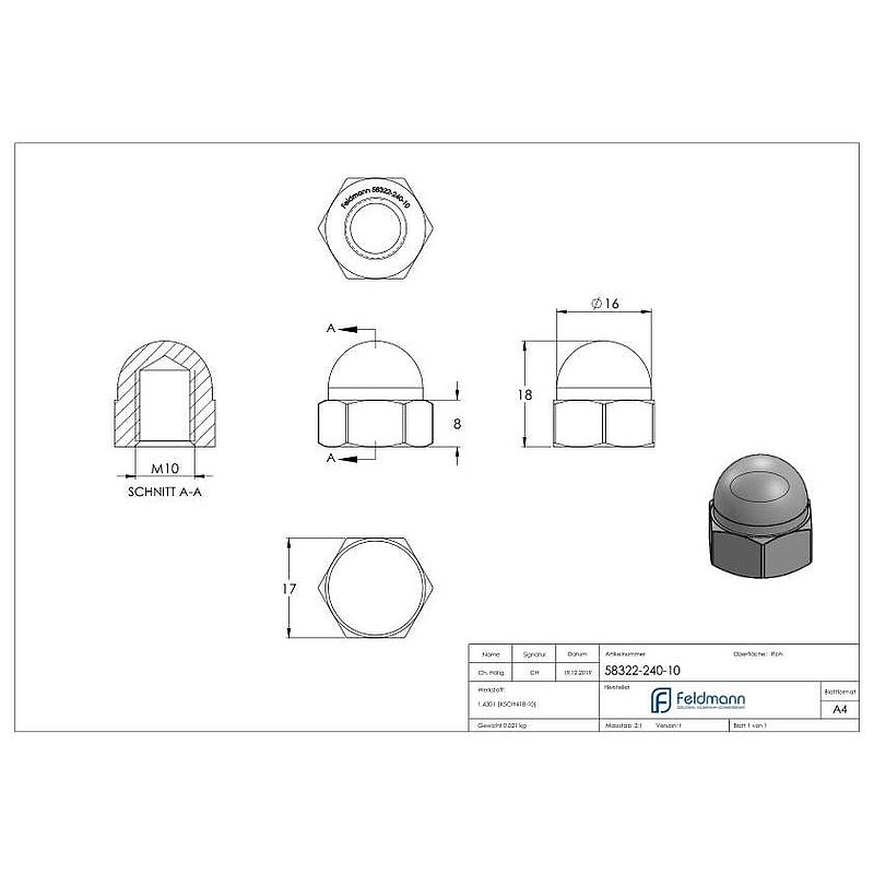Hexagon cap nut M10, DIN 1587, AISI304