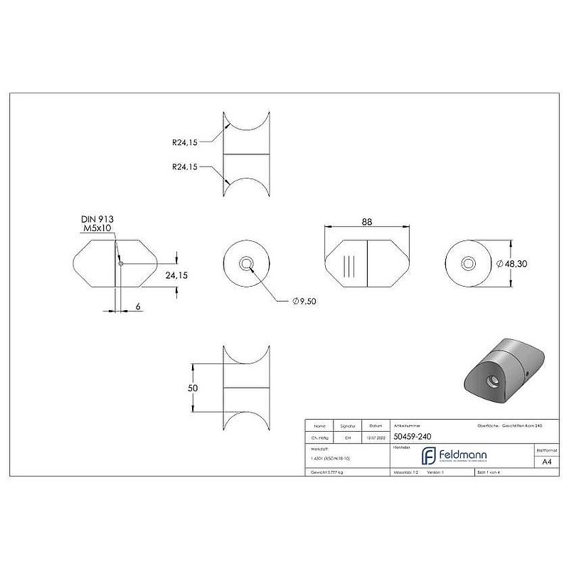 Rohrverbindungsstück von 48,3 / 48,3mm, V2A