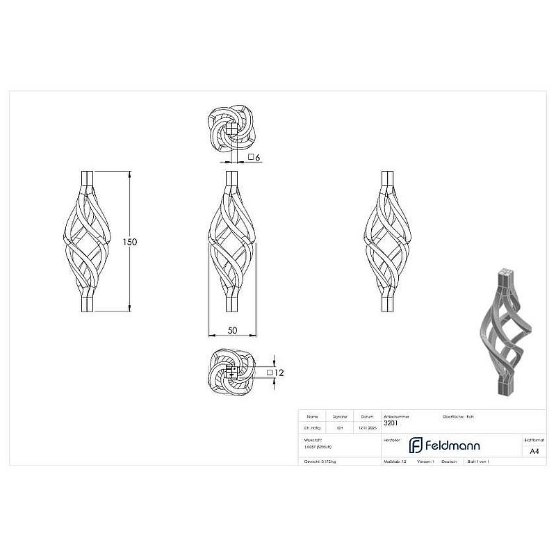 Torsades 12x12mm, 150x50mm