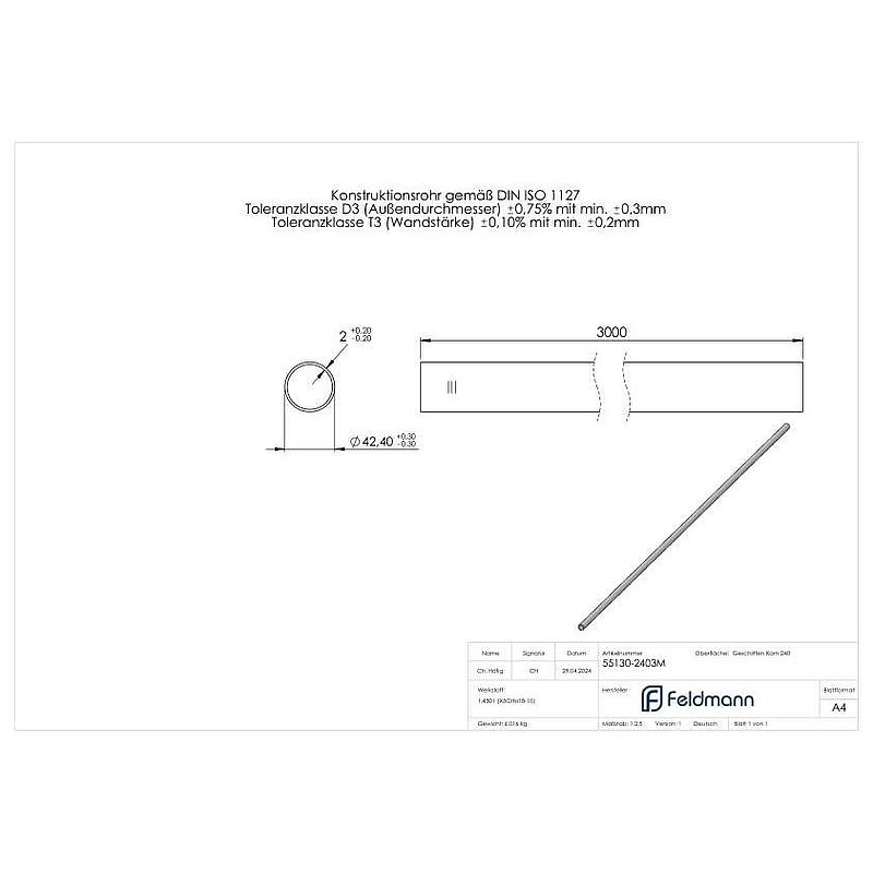 Stainless steel tube, 42,4x2,0mm, L: 3000mm, AISI304
