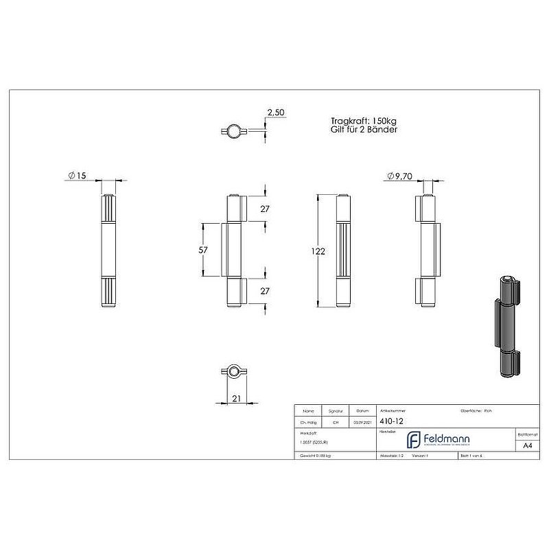 Weld-on hinge 3-piece
