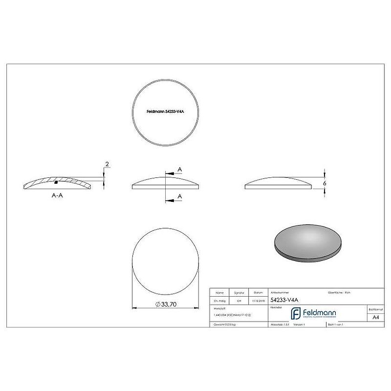 Embout bombé pour tube Ø 33,7x2,0mm, H: 6mm, V4A