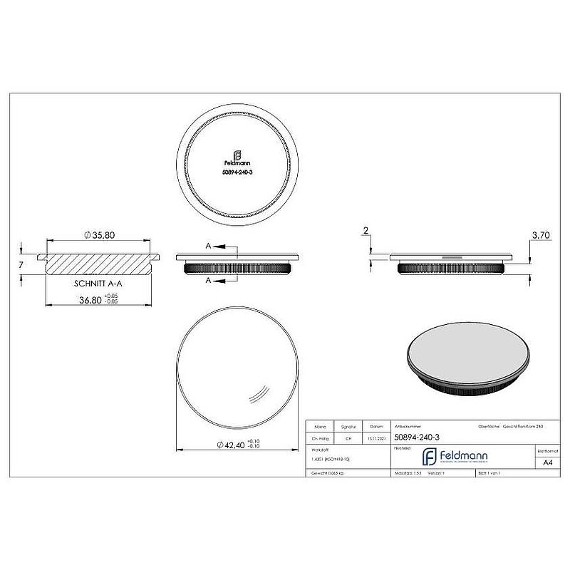Bouchon pour extrémité de tube, pour tube 42,4x3,0mm, V2A