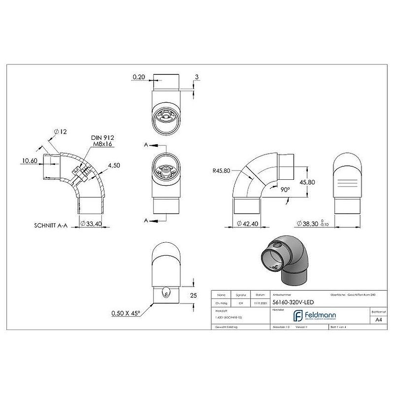 Adjustable tube bend, hollow for cable entry, for 42.4x2.0mm, AISI304