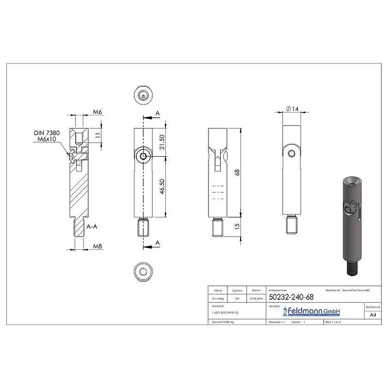Gelenkstift Ø 14mm, L: 68mm, V2A