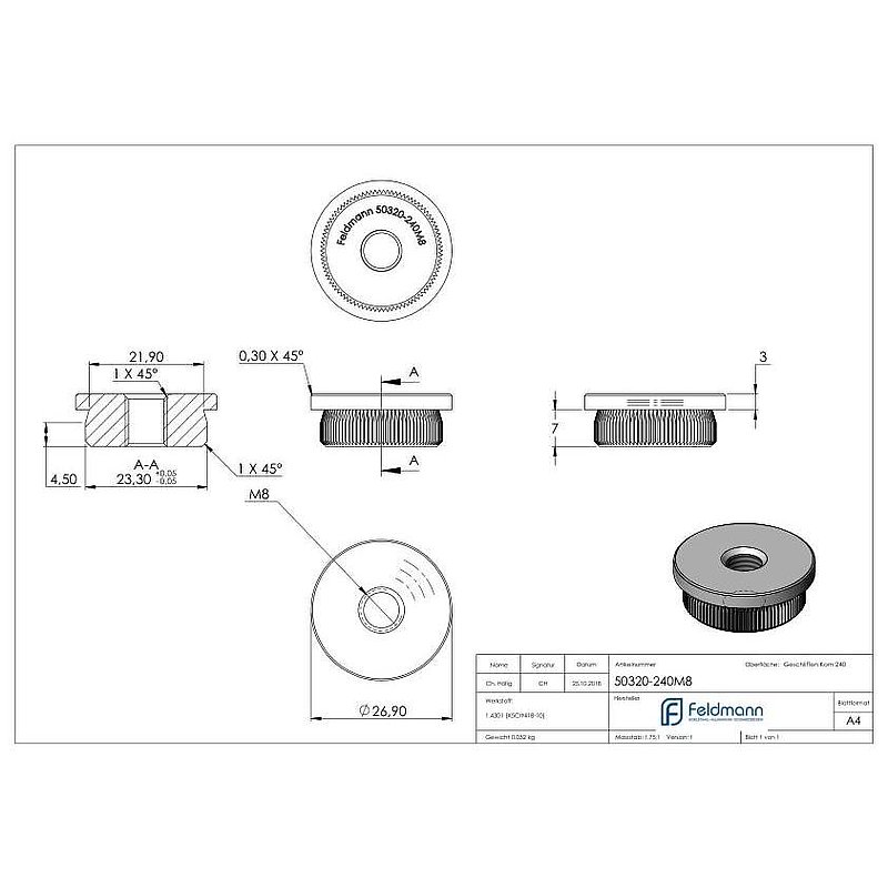 Bouchon pour extrémité de tube, pour tube 26,9x2,0mm, V2A