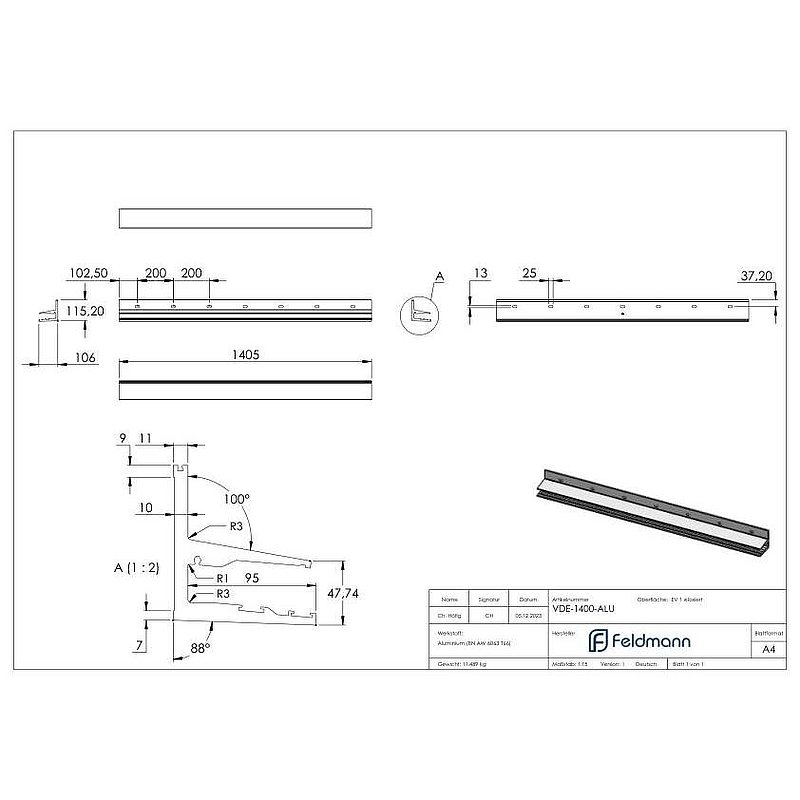 Profilé pour auvent en verre autoportant eleganza canopy, L: 1405mm, E4/EV1
